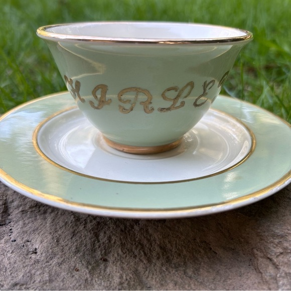 Other - Vintage 1950s Tea Cup & Saucer Celadon Green Hand Lettered "Shirley" Gold Trim
